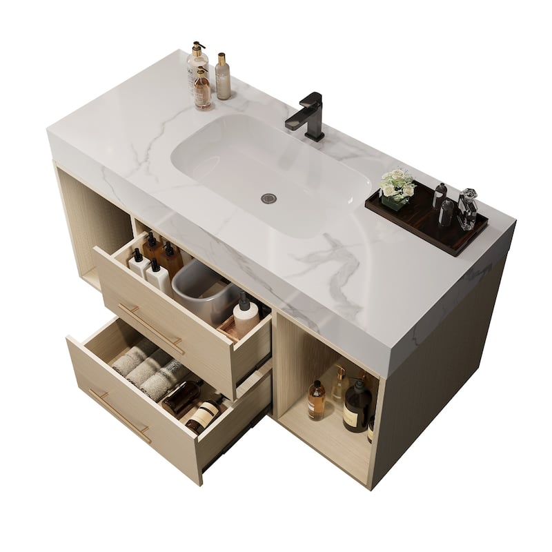 GDFStudio - Modern 39.4" Wall Mounted Floating Sintered Stone Bathroom Vanity with Seamless Ceramic Sink & Soft-Close Drawers