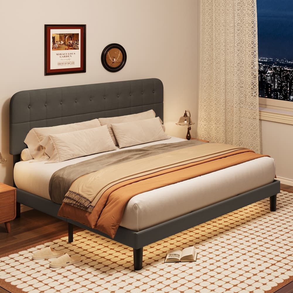 Full / Queen / King Bed Frame with Headboard, Upholstered Platform Bed with Sturdy Wooden Slats