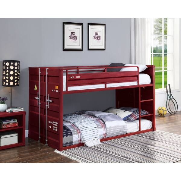 slide 2 of 9, Unique Cargo Design Bunk Bed with Safety Guardrail, Ladder and Slat System, Twin over Twin Red