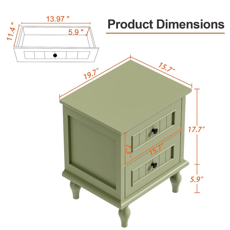 Retro Nightstand with 2 Drawers for Bedroom
