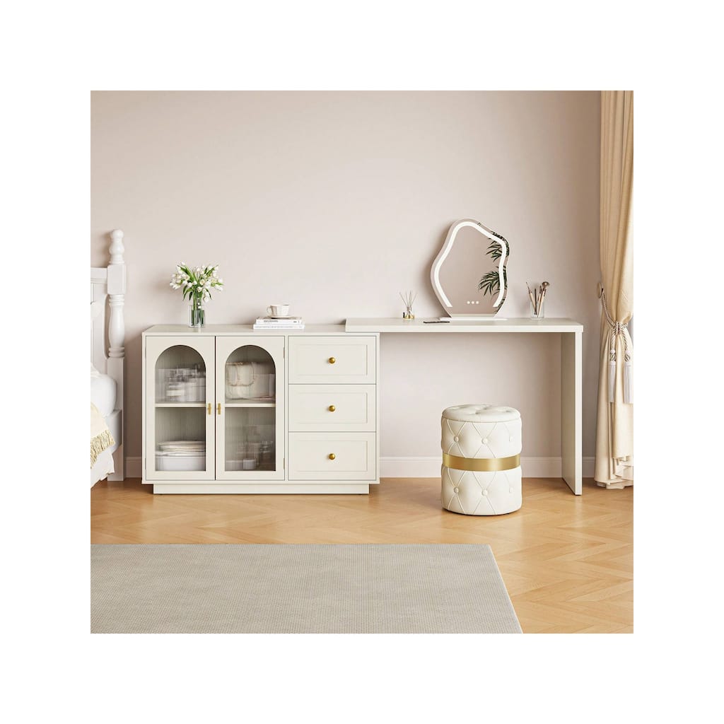 Sunvivi Extendable Corner Vanity 2 Door Makeup Table Without Mirror