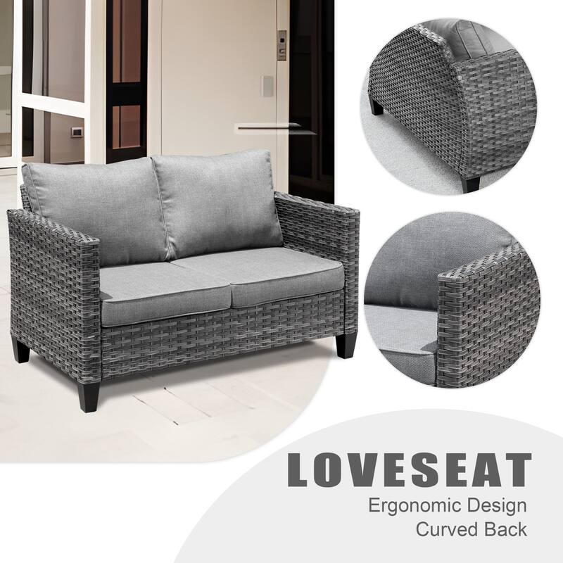 OVIOS 4-piece Loveseat Patio Furniture Outdoor Wicker Set With Glass-Top Table