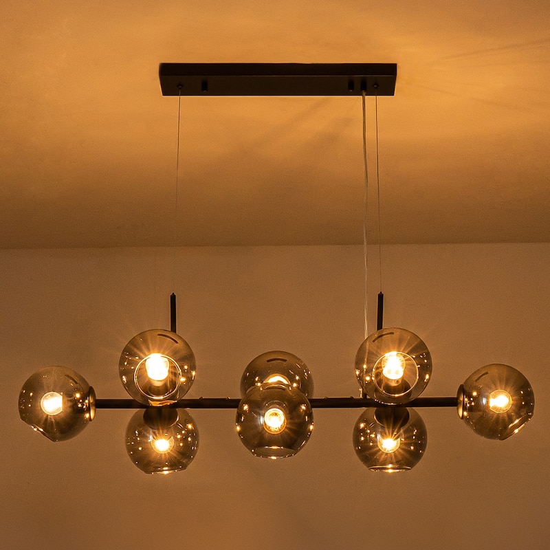 8-Light Modern Linear Glass Kitchen Island Pendant Sputnik Chandelier with Black Smoke Glass Globe