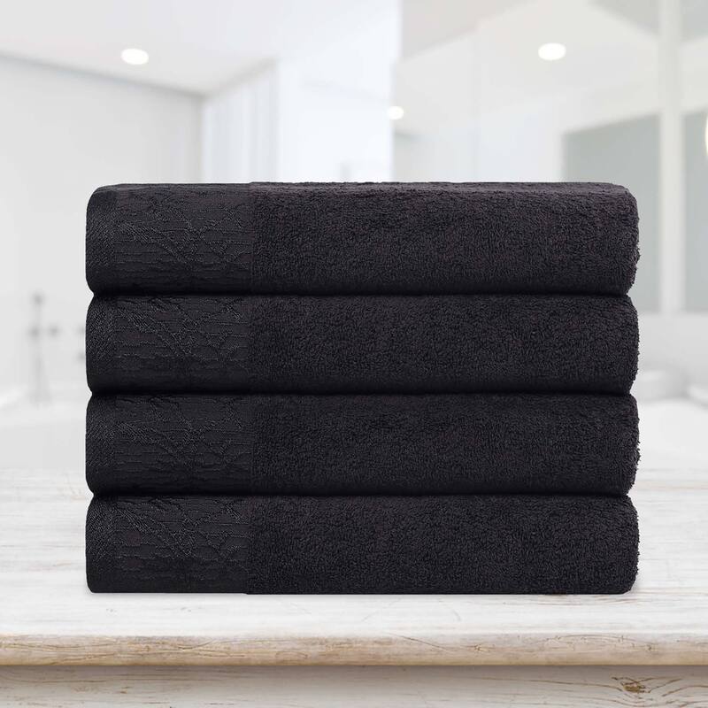 Superior Wisteria Cotton Floral Jacquard Border Bath Towel Set - Black/Black