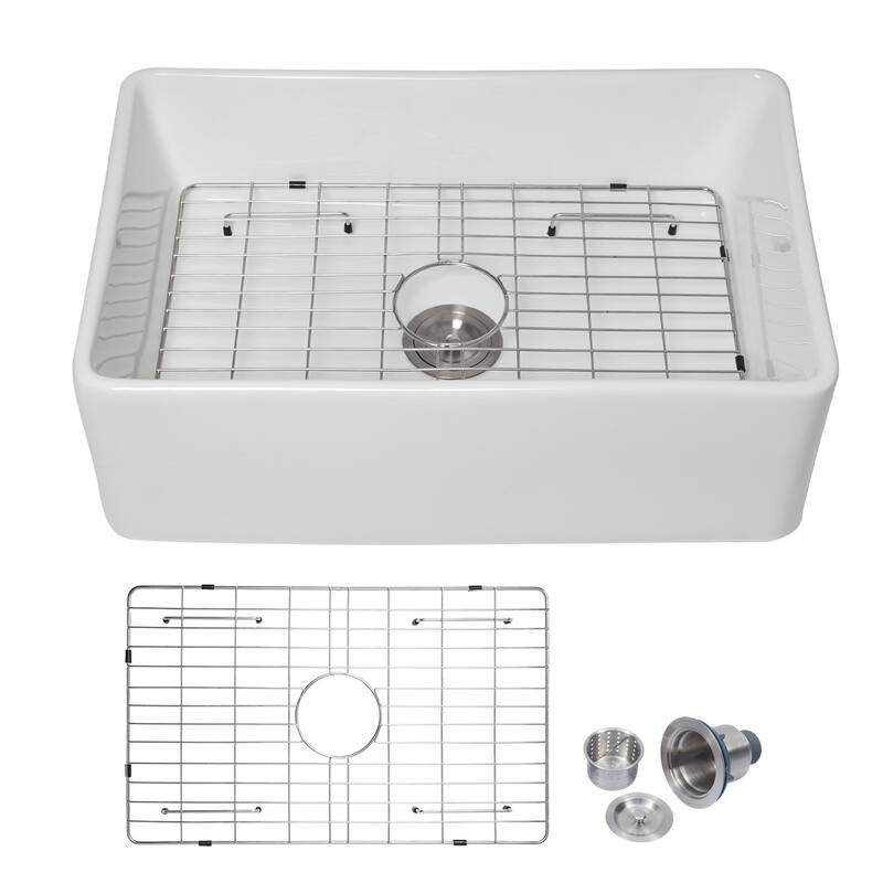 Kichae 30 Inch Ceramic Sink Farmhouse White Apron Front Kitchen Sink - 30 in.W x 20 in.D x 10 in.H - White - 30 in.W x 20 in.D x 10 in.H