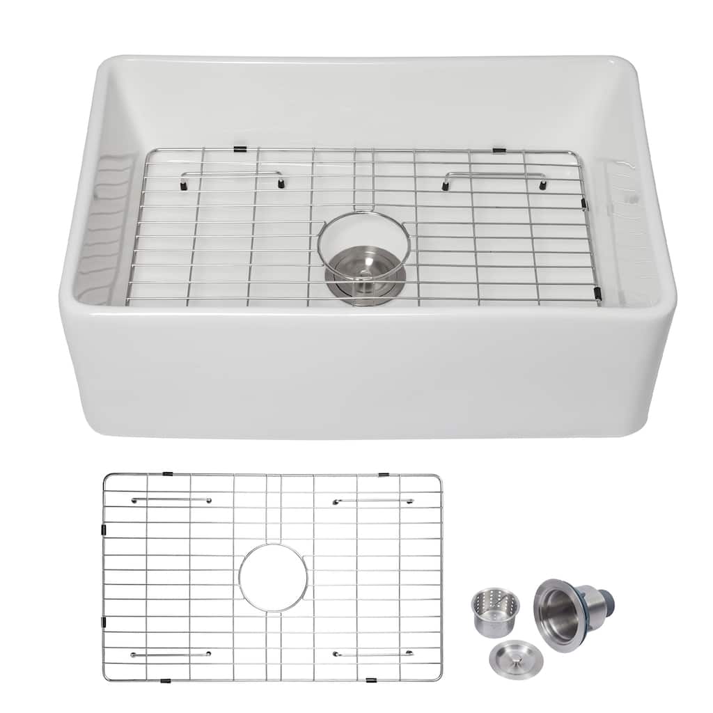 Kichae 30 Inch Ceramic Sink Farmhouse White Apron Front Kitchen Sink - 30 in.W x 20 in.D x 10 in.H