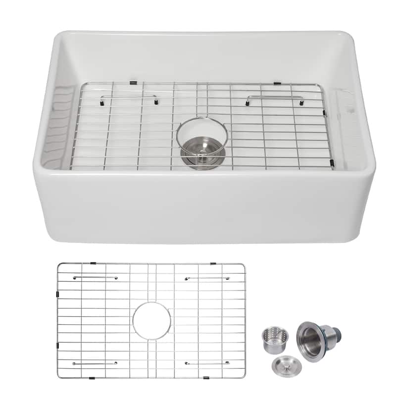 Lordear 30" Ceramic Sink Undermount Farmhouse Single Bowl Apron Front White Kitchen Sink with Accessories - White - 30 in.W x 20 in.D x 10 in.H