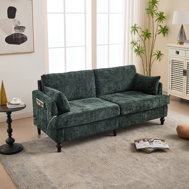 Modern Style Chenille 2-Seater Wood-Legged Sofa With Led Light,USB Charging Port And Storage Bag Living Room Bedroom Study Room