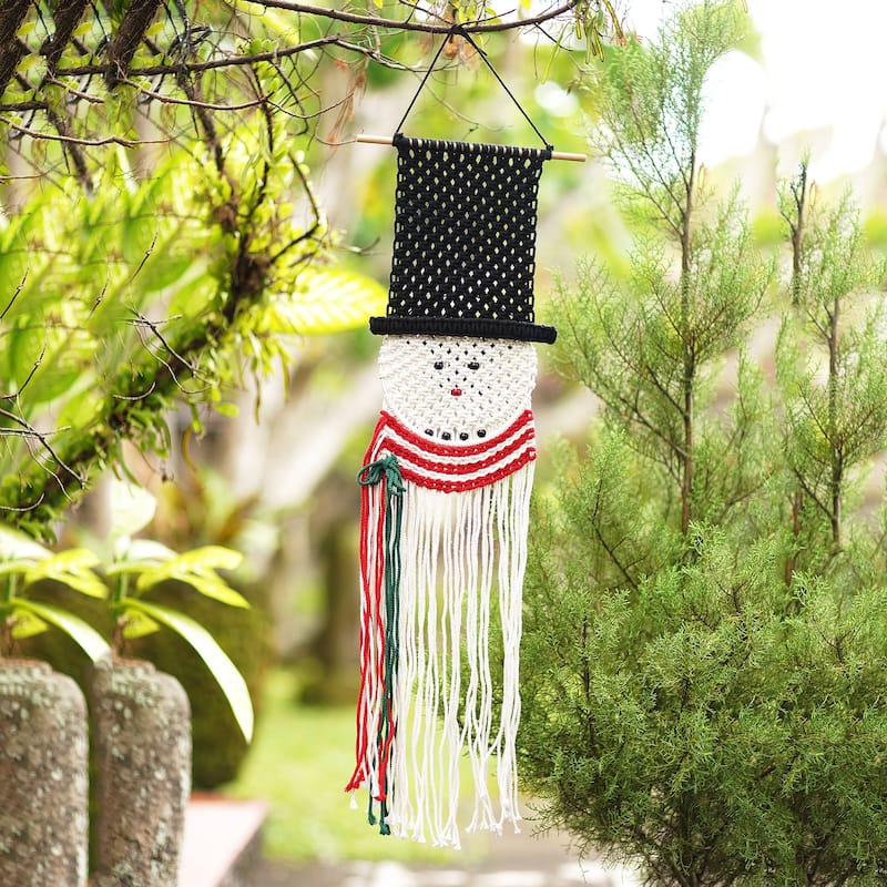 Novica Handmade Charming Snowman Cotton Macrame Wall Hanging
