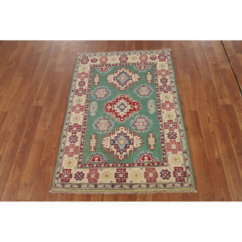 Green Kazak Foyer Rug Handmade Geometric Wool Carpet - 2'8"x 3'9"