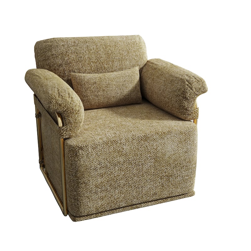 360° Swivel Accent Sofa Chair Fluffy Fabric Gold Legs Brown+Yellow