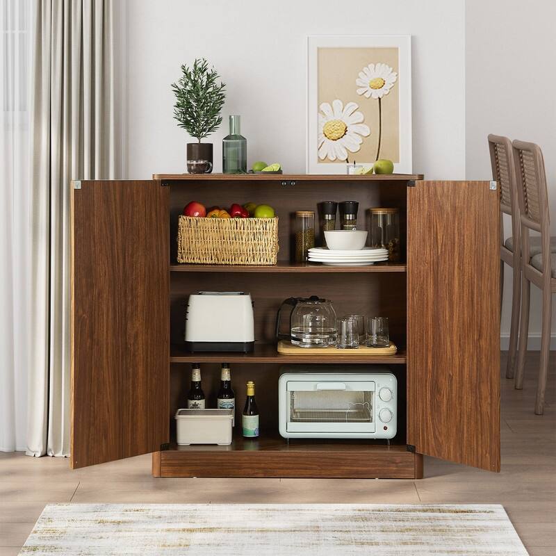 Fluted 31.5" Sideboard with Curved Design 2-Door Storage Cabinet for Stylish Organization - Walnut