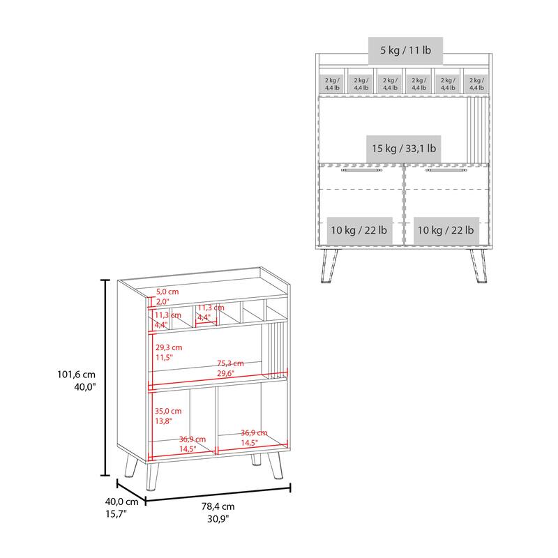 Vance 40" High Bar Cabinet with Six Bottle Cubbies, Two Double Door Cabients, Four Shelves, Living Room, Wine Rack