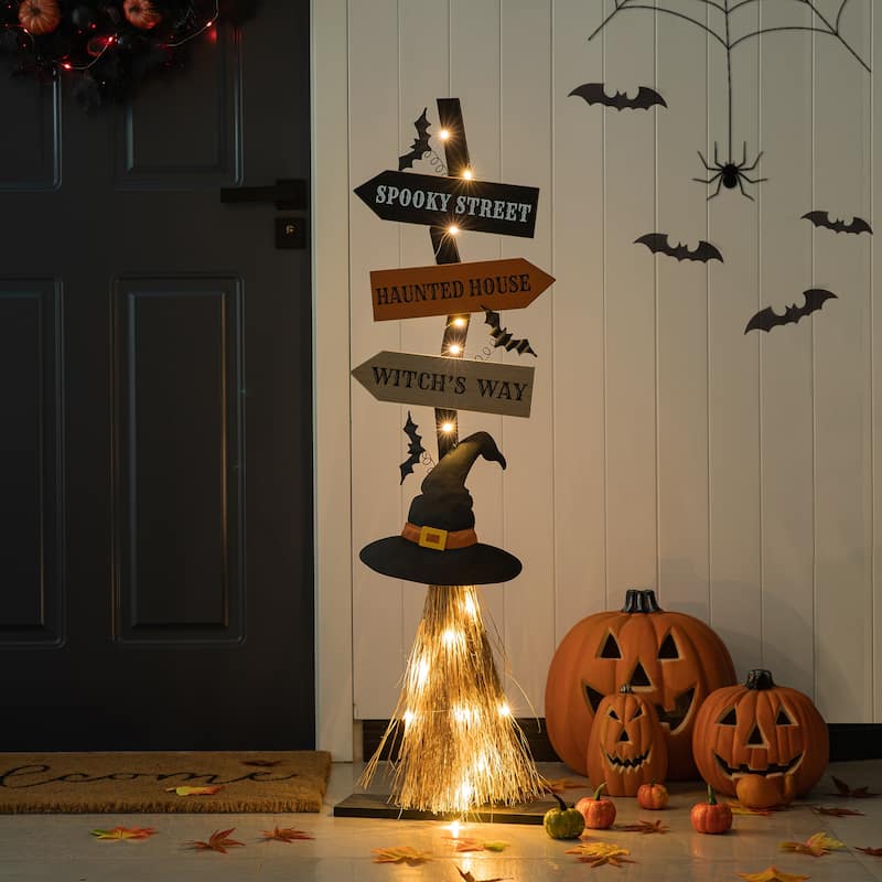 Outdoor 41.75"H Halloween Wooden Witch's Broom Ghost's Broom Standing Porch Decor