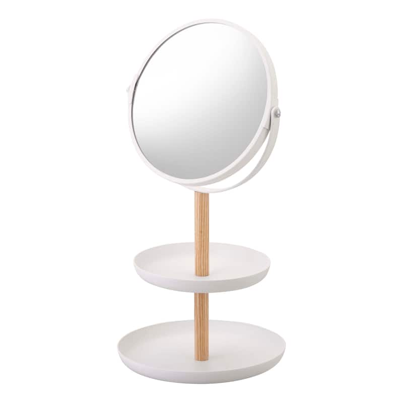 Yamazaki Home Two-Tier Jewelry Tray With Mirror, Steel and Wood, Mirror diameter 5.9 inches, Holds 4.4 lbs