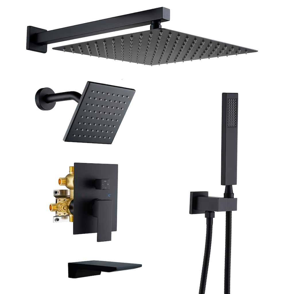 4-Spray Wall Mount 12 and 6 in. Dual Fixed and Handheld Shower Head with Waterfall Tub Spout (Valve Included) - 12" x 12"