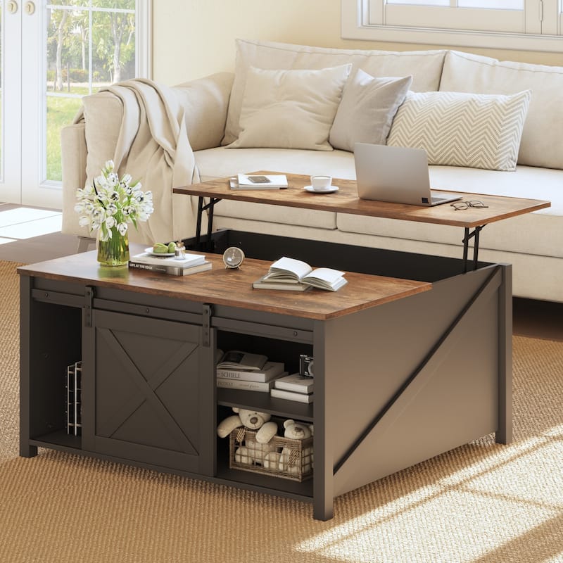 BOSSIN 31.5" Square Farmhouse Lift-Top Coffee Table - Wooden Living Room Center Table with Hidden Storage - Black