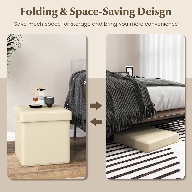 Gymax Folding Storage Ottoman Upholstered Square Footstool PVC Leather
