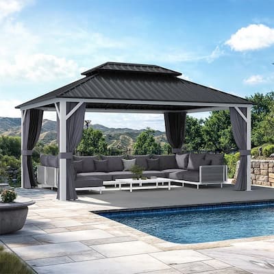 PURPLE LEAF Patio Hardtop Gazebo for Outdoor Grey Galvanized Steel Double Roof White Aluminum Poles