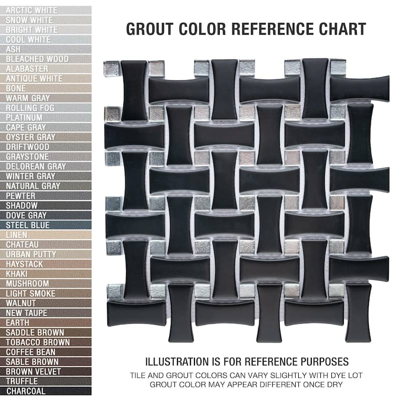 Merola Tile Metro Dog Bone Basketweave Matte Black with Glass Silver Dot 10" x 10" Porcelain Mosaic Wall Tile