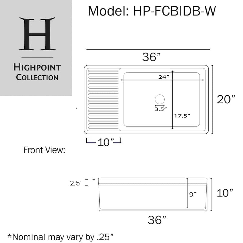 Highpoint Collection Fireclay Farmsink with Built In Drainboard - 36" x 20" x 10"