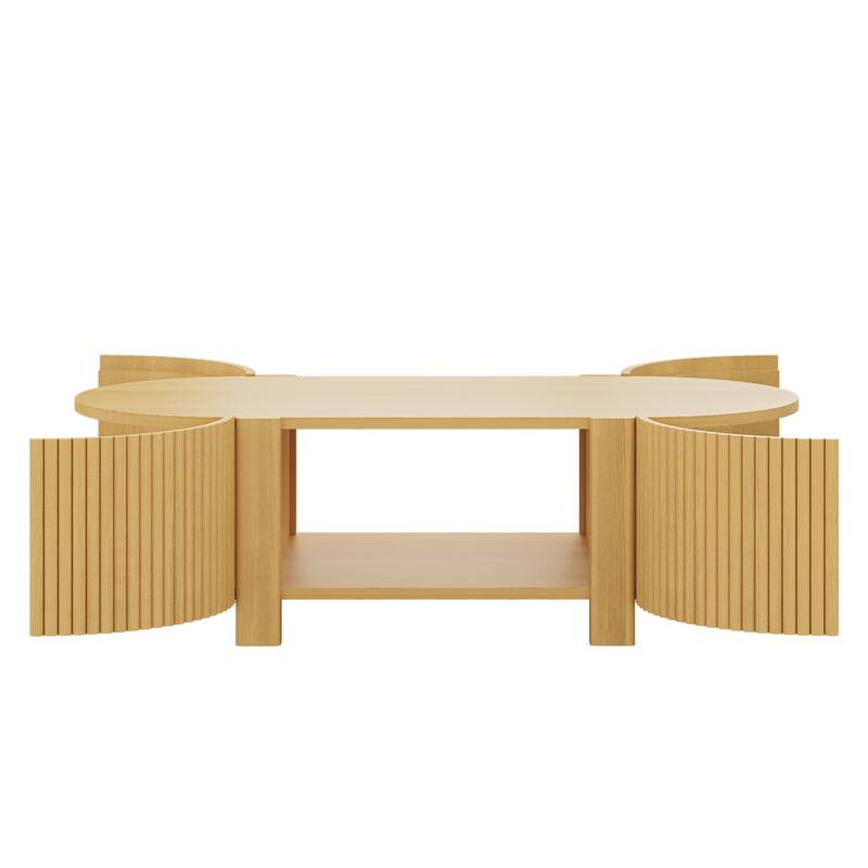 47" Oval Fluted Coffee Table with Storage, Rubber Wood, 1 Shelf & 2 Doors - Natural