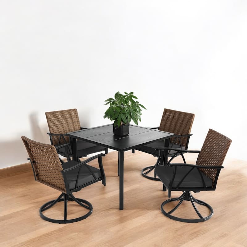 5-Piece Outdoor Wicker Patio Dining Set, Swivel Rocking Chairs with Cushions, Umbrella Hole for Garden, Backyard, and Poolside - Brown+Gray