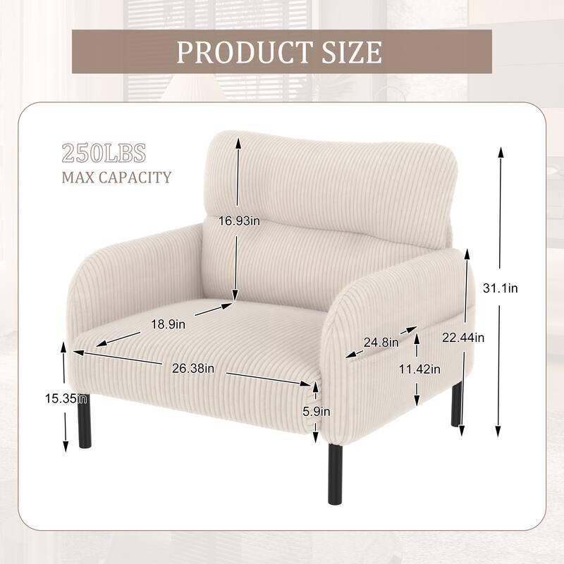 Corduroy Fabric, Comfortable Monochrome Single Person Wide Seat Chair, Suitable For Living Rooms And Bedrooms