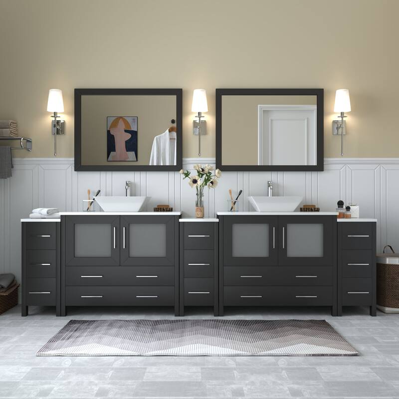 Vanity Art 108" Double Sink Bathroom Vanity Set with Engineered Marble Top and Free Mirrors - Espresso
