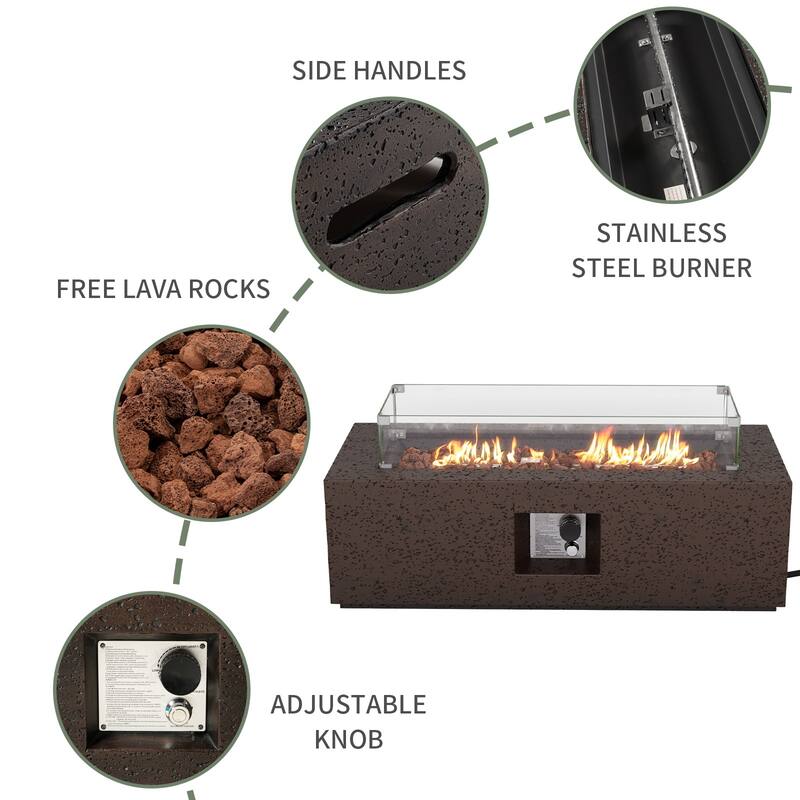 COSIEST Outdoor Rectangle Propane Fire Pit with Wind Guard, 50000BTU