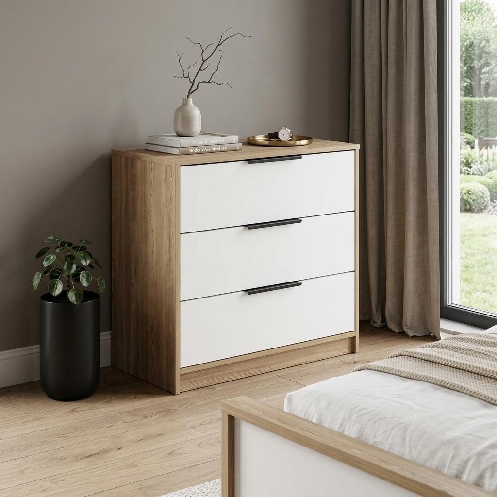 HomeRoots 28" Oak And White Wood Three Drawer Dresser