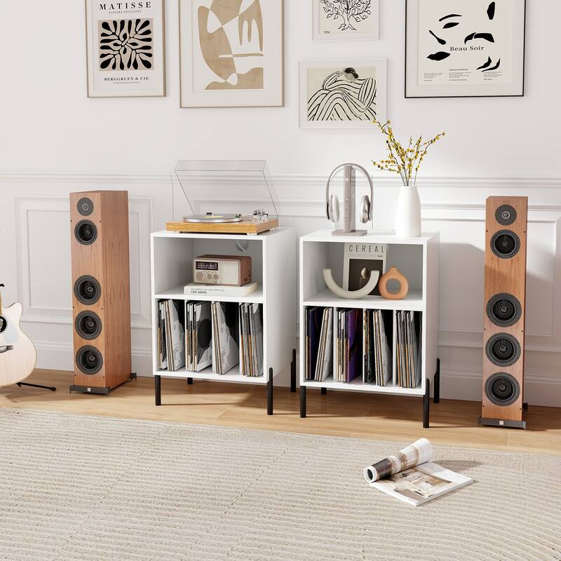Gymax Record Player Stand w/Charging Station 5 Storage Compartments