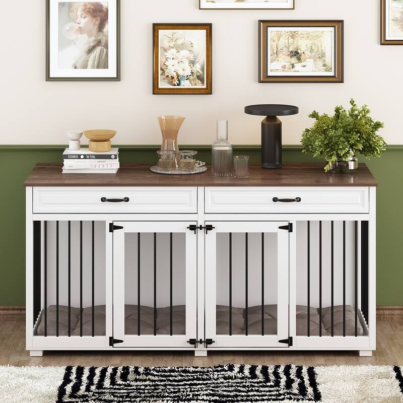 Wooden Double Dog Crate Kennel Furniture with 2 Drawers & Divider - White