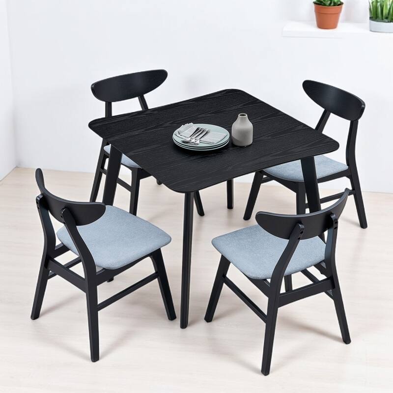 5-Piece Square Dining Table Set for 4, Solid Wood Legs, Upholstered Chairs, Modern Space-Saving Kitchen Furniture, Easy Assembly - Black
