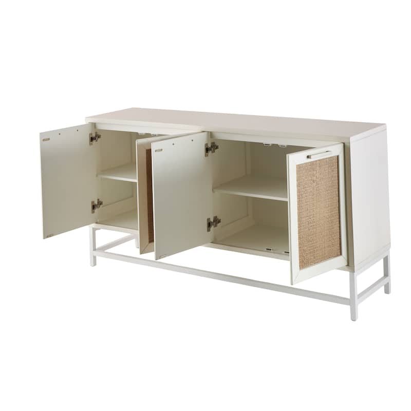 Wooden 4 Door Sideboard with Brown Woven Rattan Doors and Metal Base - White - Roche River Decor - 16"W x 60"L x 31"H