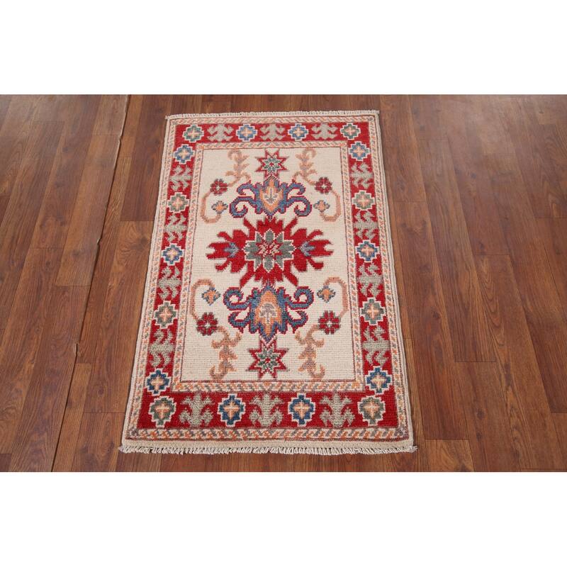 Hand Knotted Oriental 100% Wool Carpet Traditional Geometric Beige & Ivories Kazak Area Rug - 2' 10'' X 1' 10''