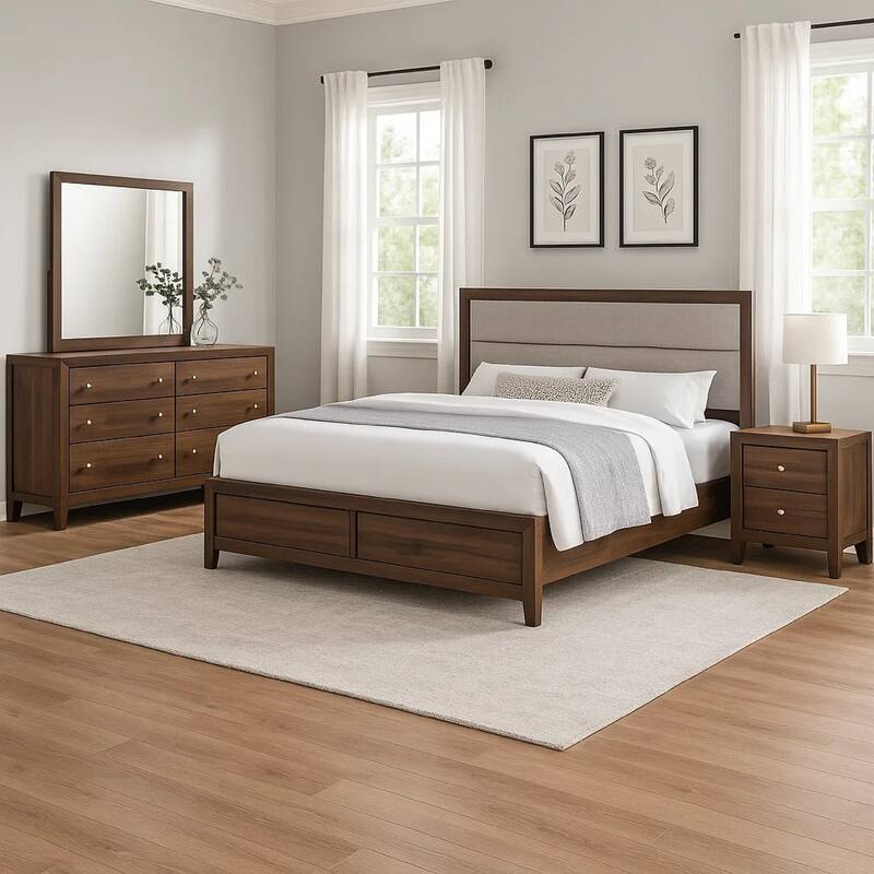 Yels 4 Piece King Bedroom Set, Gray Upholstery, Walnut Brown Wood