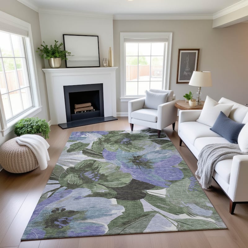 Premium Washable Super Soft Modern Floral Mayfield Rug - Olive - 10' x 14'