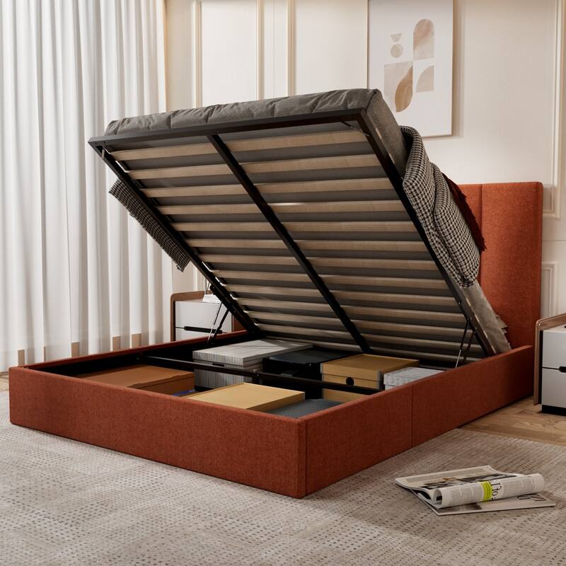 Modern Upholstered Lift-Up Storage Platform Bed with Headboard - Orange - Full