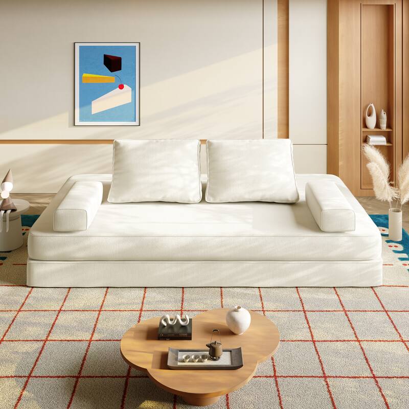 GDFStudio - 86.6" Multifunctional Chenille Upholstered Convertible Sofa Bed with 2 Removable Backrests & Soft Pillows - Beige