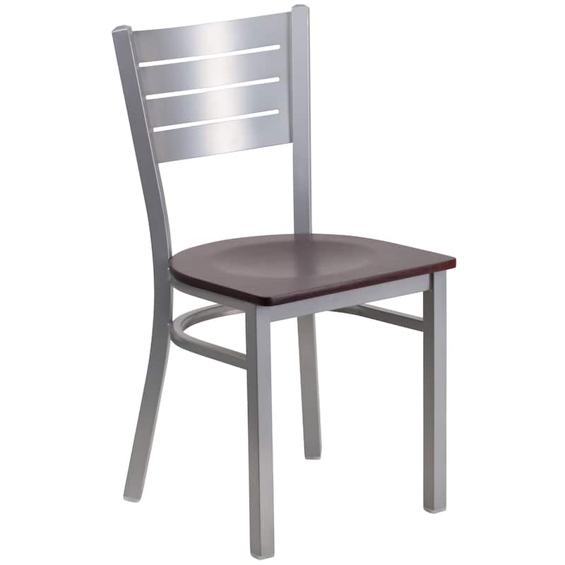 Slat Back Metal Restaurant Chair - 16.5"W x 19"D x 33.5"H - Mahogany Wood Seat/Silver Frame