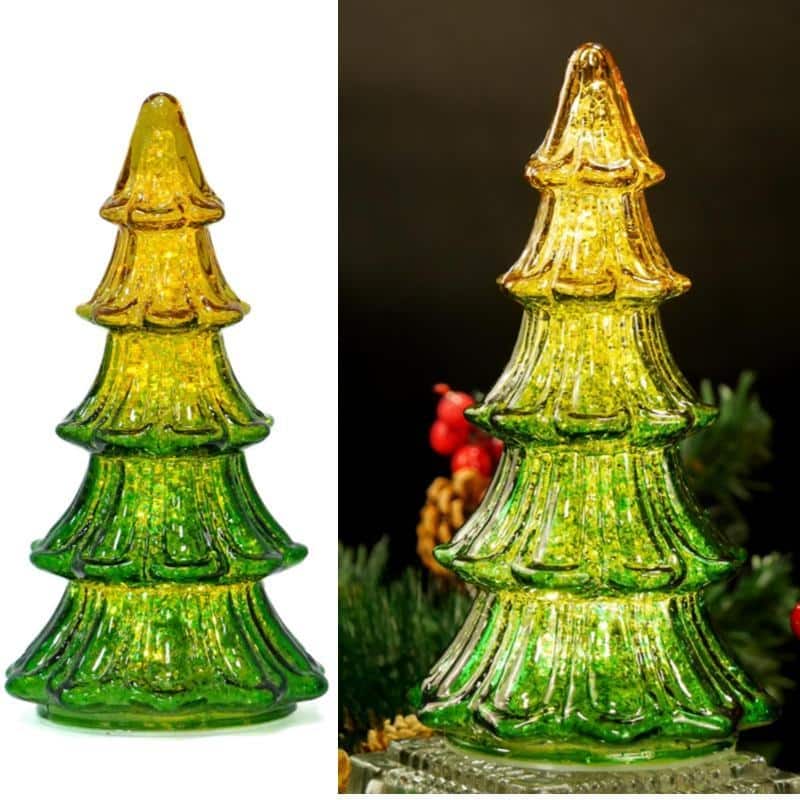 10" Glass Xmas Tree Light - Green Gradient Holiday Decor for Table, Mantel, Office - N/A