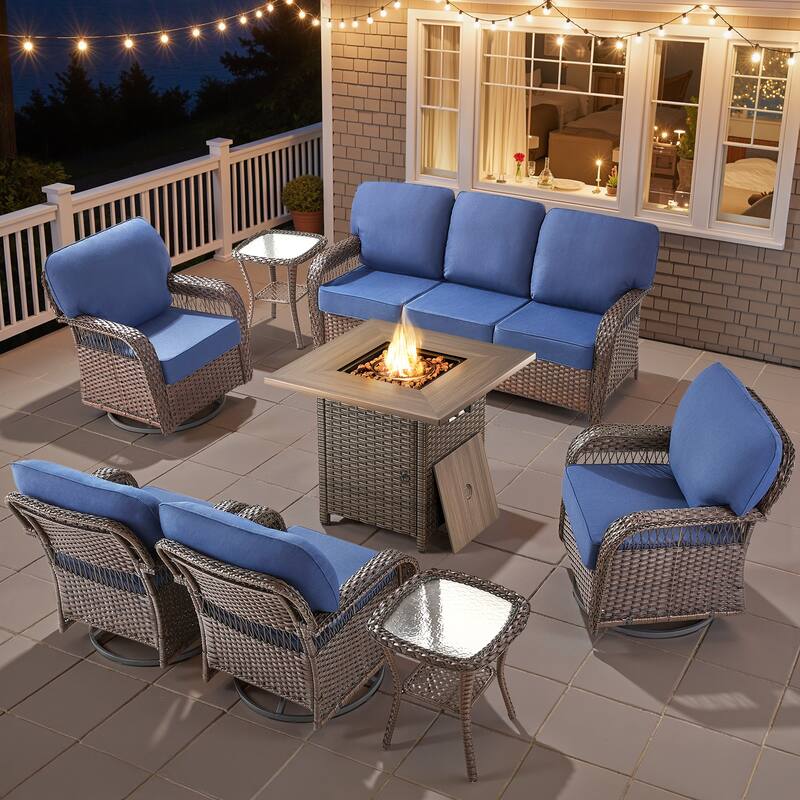 Pocassy Outdoor Sofa Ottoman Swivel Chair Table with Fire Table Funiture Set. - Brown Wicker Blue Cushion - 8-Piece Sofa Swivel Chair Table w/ Fie Pit Table