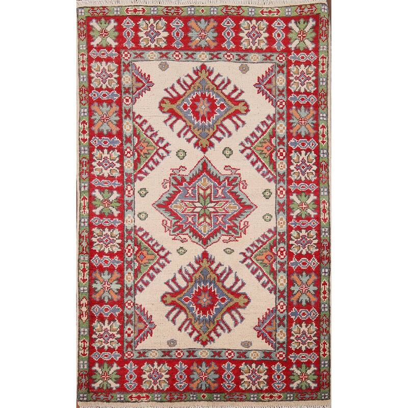 Ivory Kazak Oriental Accent Rug Hand-Knotted Wool Carpet - 2'7" x 3'11"