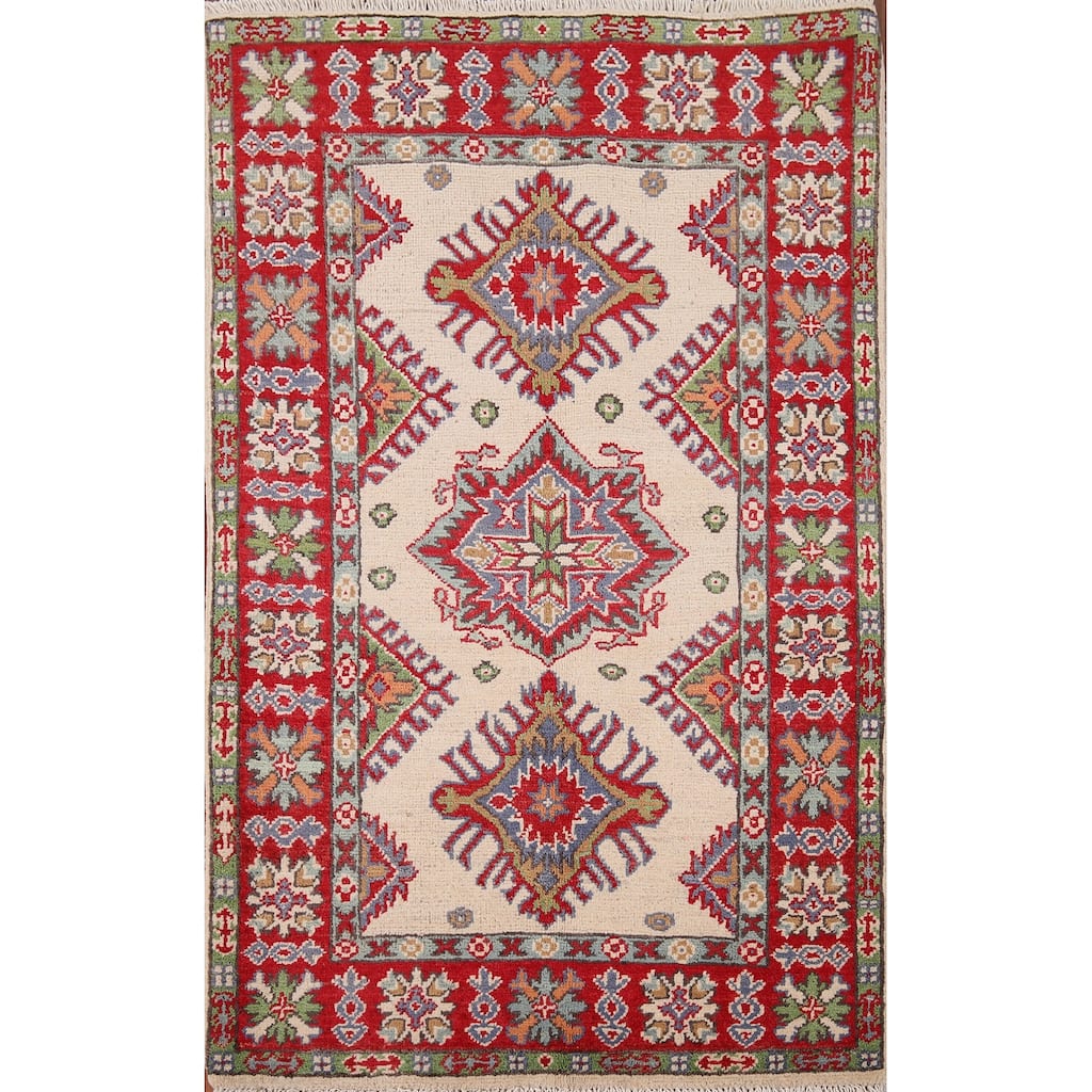 Ivory Kazak Oriental Accent Rug Hand-Knotted Wool Carpet - 2'7" x 3'11"