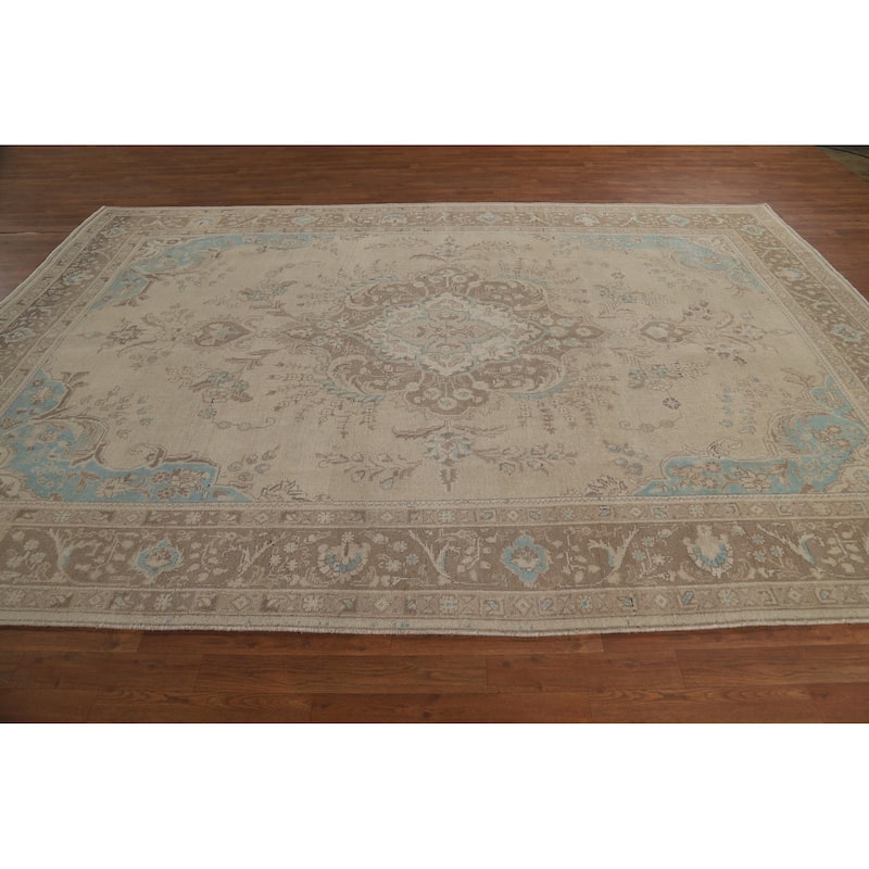Hand Knotted Oriental 100% Wool Carpet Traditional Floral Beige & Ivories Tabriz Area Rug - 11' 2'' X 7' 7''