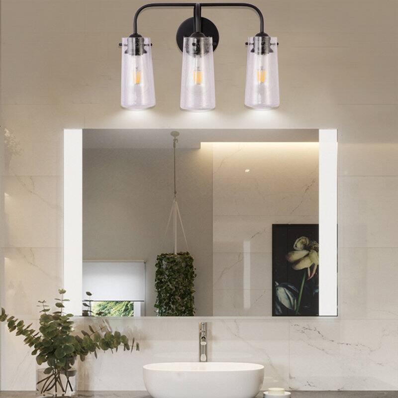 3-Light Black Bathroom Vanity Lights Wall Light with Glass Shade - 3 light
