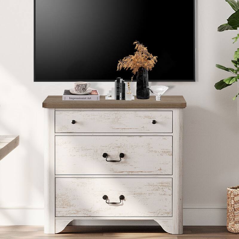 WAMPAT Farmhouse TV Stand For Tvs, Wood Entertainment Center With 3 Drawers, TV Console With Large Storage For Living Room - White