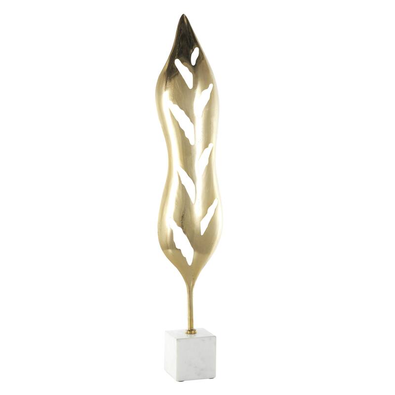 Aluminum Metal Leaf Tall Textured Cutout Decorative Sculpture with White Marble Base - Gold - Roche River Decor