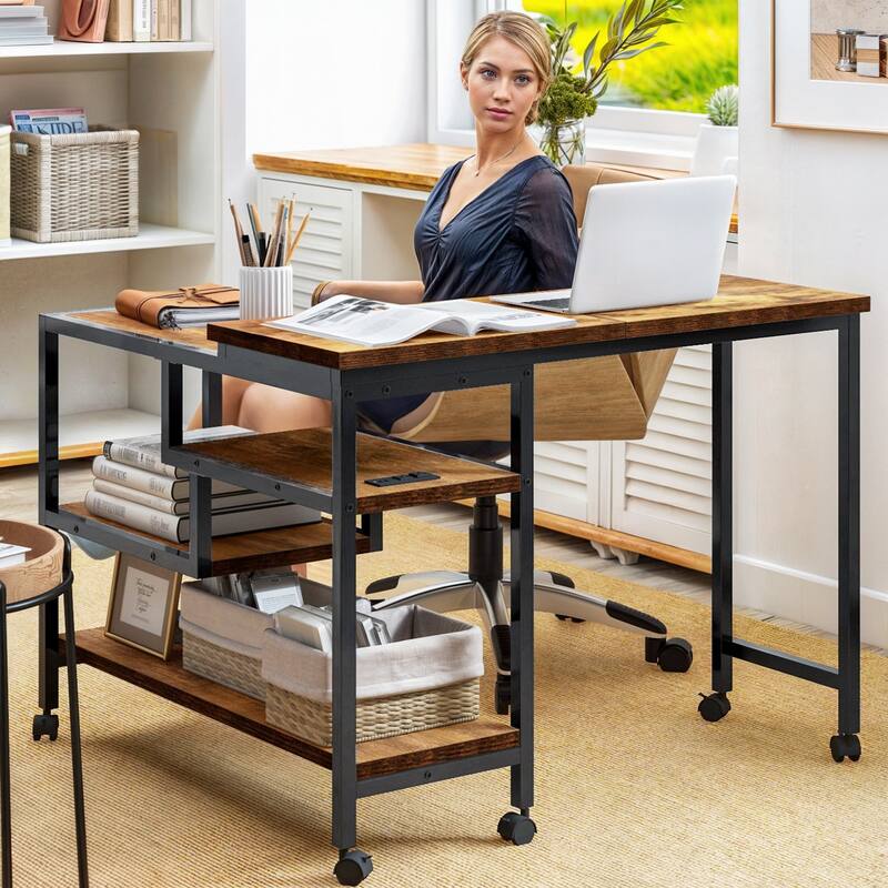 Moasis Rotating Wheeled Sofa Side Table with Drawer 2-Tier Storage Shelves
